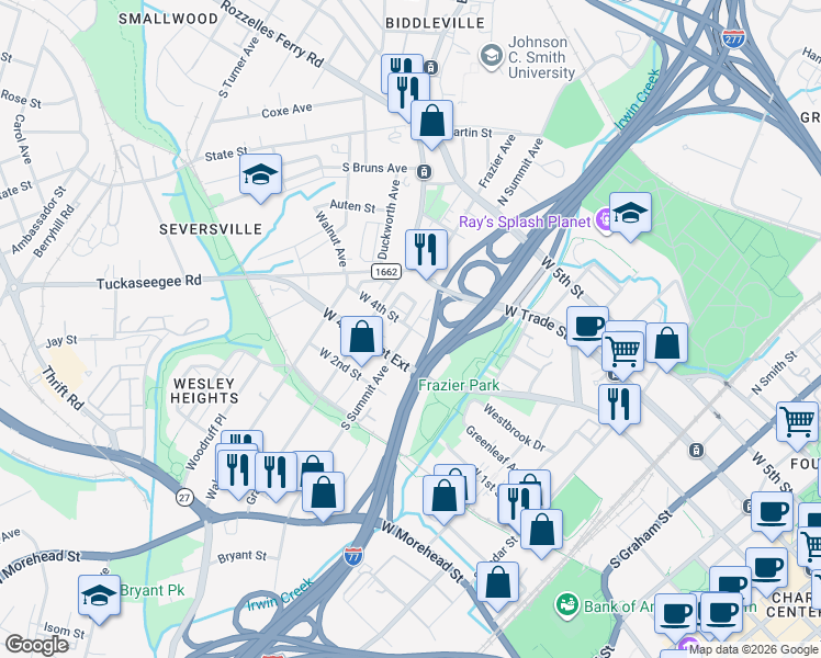 map of restaurants, bars, coffee shops, grocery stores, and more near W 4th St & S Summit Ave in Charlotte