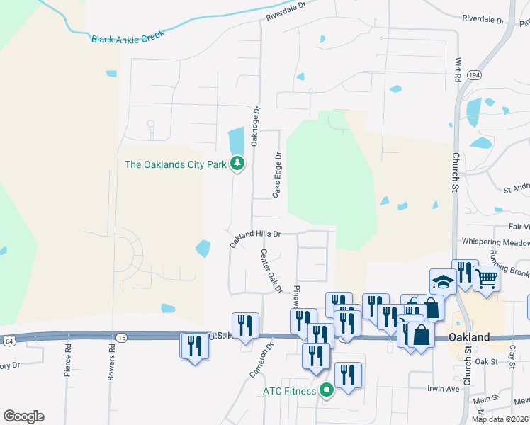 map of restaurants, bars, coffee shops, grocery stores, and more near 45 Oakridge Cove in Oakland