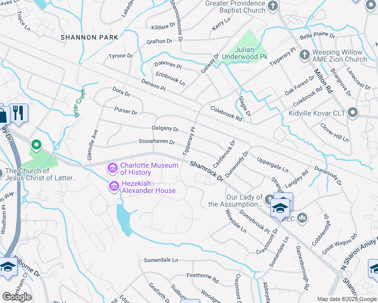 map of restaurants, bars, coffee shops, grocery stores, and more near 3714 Tipperary Place in Charlotte