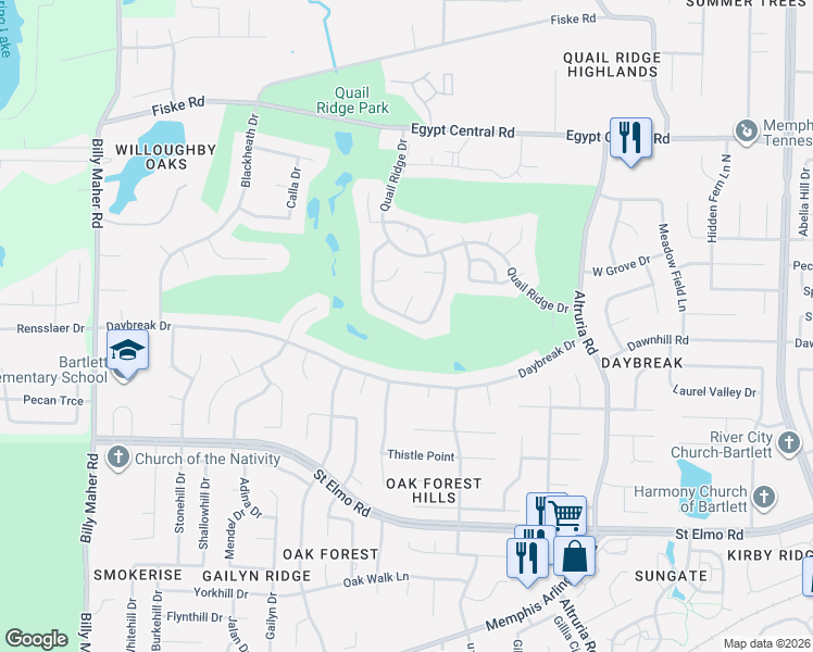 map of restaurants, bars, coffee shops, grocery stores, and more near 3993 Fairway View Circle West in Bartlett