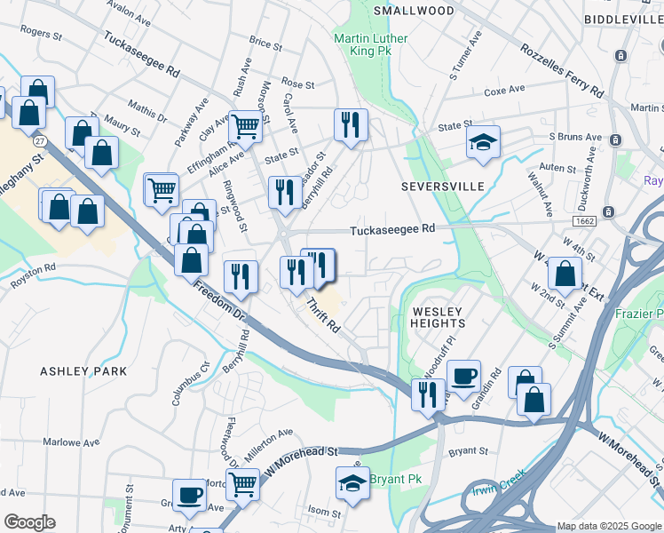 map of restaurants, bars, coffee shops, grocery stores, and more near 1026 Jay St in Charlotte