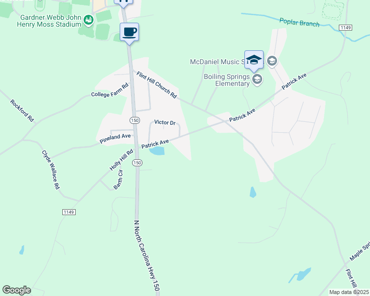 map of restaurants, bars, coffee shops, grocery stores, and more near 1619 Patrick Avenue in Shelby