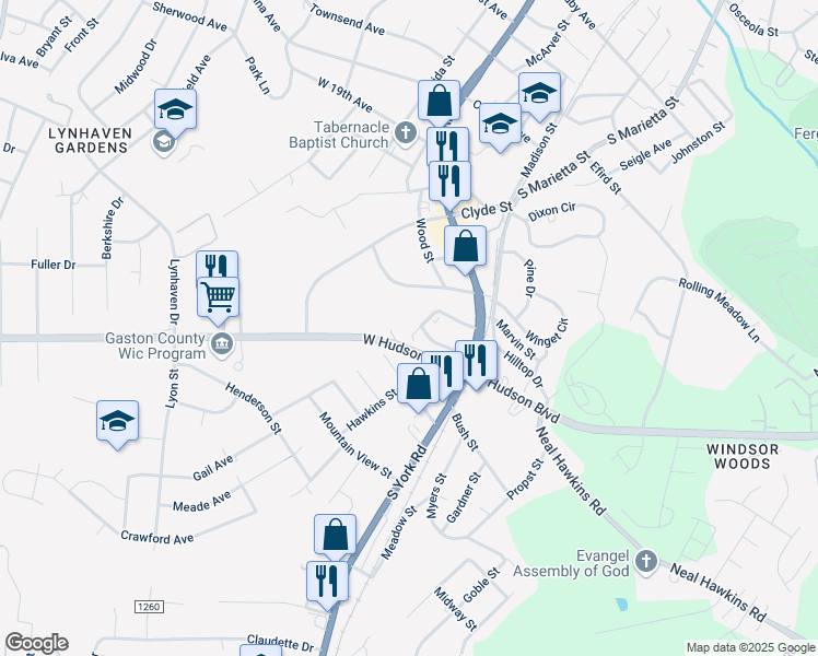map of restaurants, bars, coffee shops, grocery stores, and more near 224 West Hilltop Circle in Gastonia
