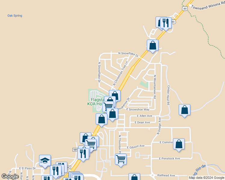 map of restaurants, bars, coffee shops, grocery stores, and more near 5800 North Christmas Tree Lane in Flagstaff