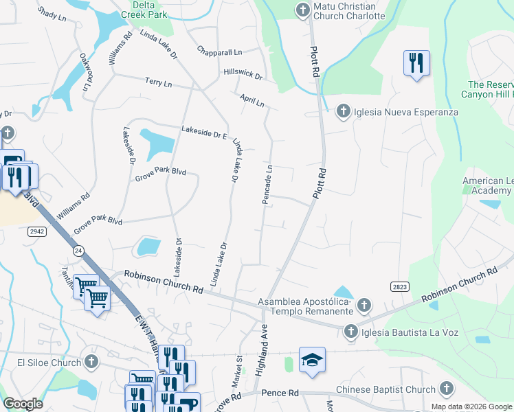 map of restaurants, bars, coffee shops, grocery stores, and more near 6812 Linda Lake Drive in Charlotte