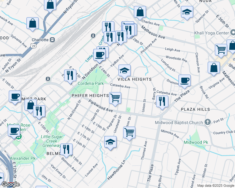 map of restaurants, bars, coffee shops, grocery stores, and more near 1901 Pegram Street in Charlotte