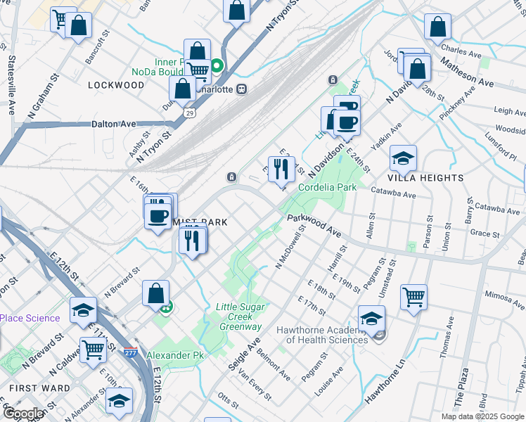 map of restaurants, bars, coffee shops, grocery stores, and more near 1601 North Davidson Street in Charlotte