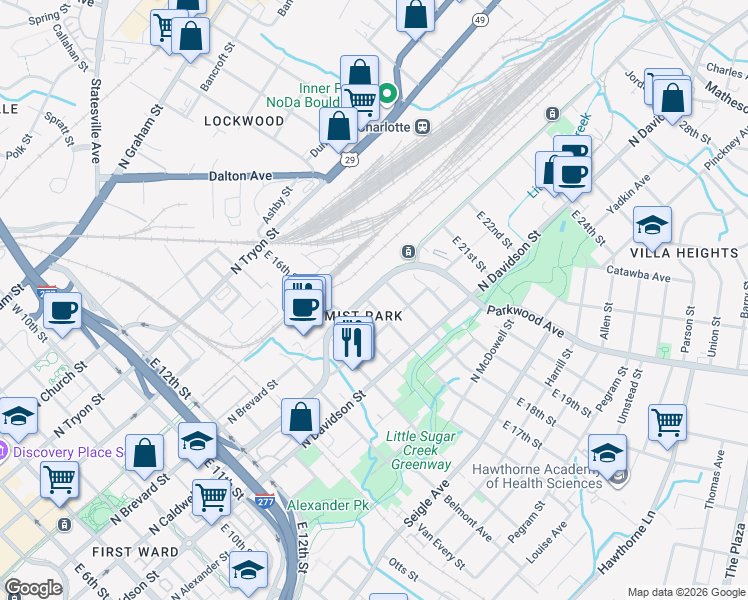 map of restaurants, bars, coffee shops, grocery stores, and more near 413 East 17th Street in Charlotte