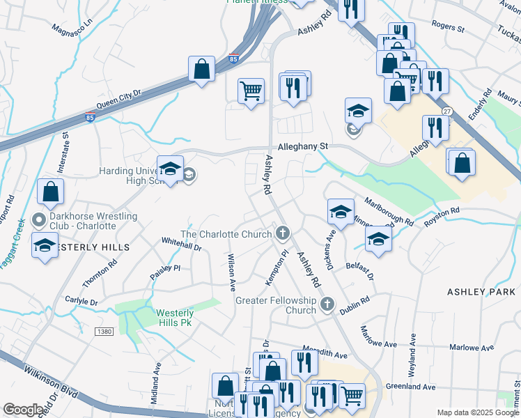 map of restaurants, bars, coffee shops, grocery stores, and more near 2027 Heywood Avenue in Charlotte