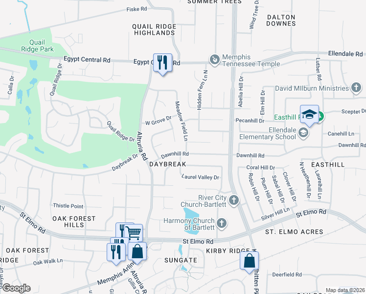 map of restaurants, bars, coffee shops, grocery stores, and more near 6628 Dawnhill Road in Bartlett