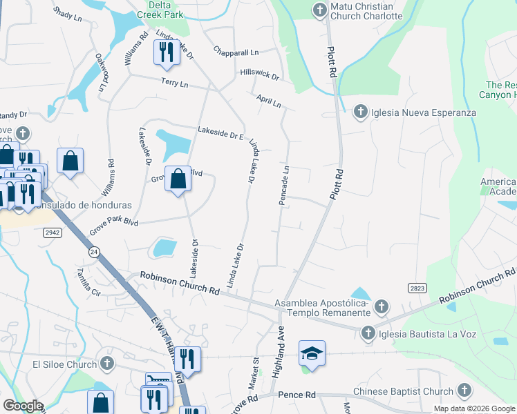 map of restaurants, bars, coffee shops, grocery stores, and more near 6812 Linda Lake Drive in Charlotte