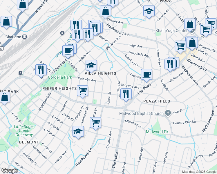 map of restaurants, bars, coffee shops, grocery stores, and more near 1912 Parson Street in Charlotte