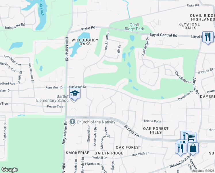 map of restaurants, bars, coffee shops, grocery stores, and more near 6127 Daybreak Drive in Bartlett