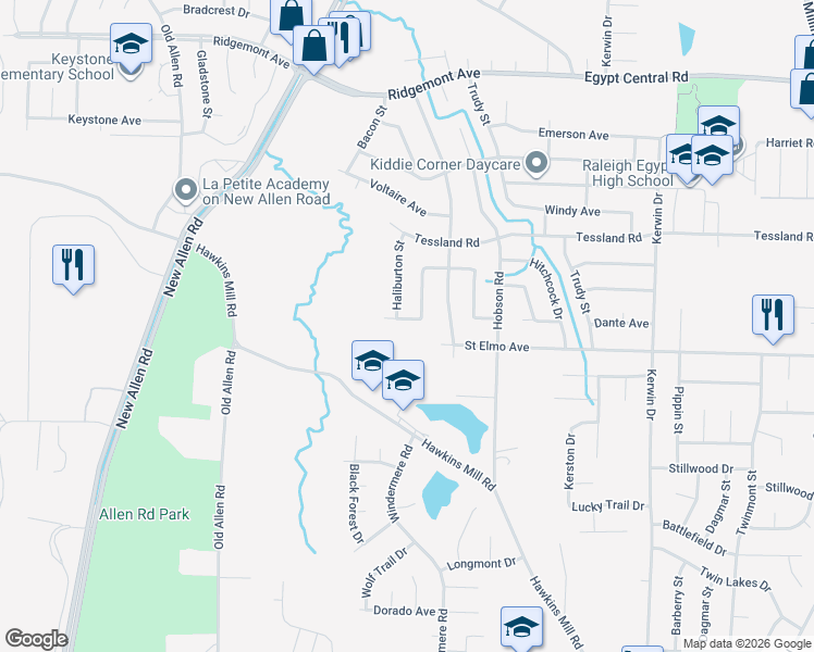 map of restaurants, bars, coffee shops, grocery stores, and more near 3619 Dante Avenue in Memphis