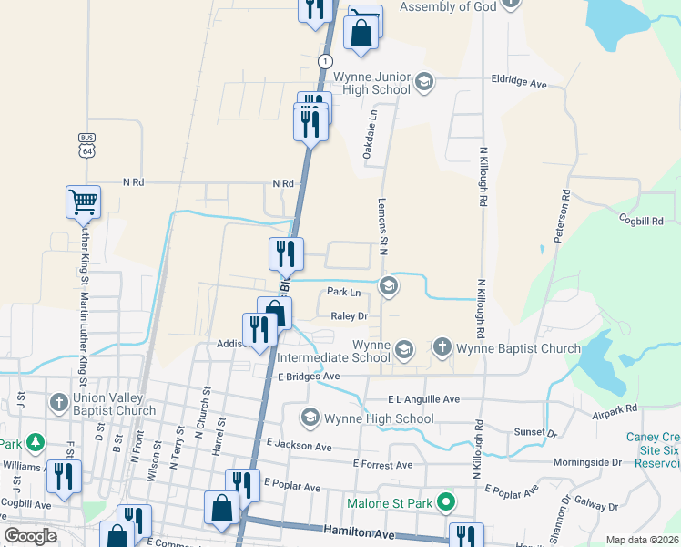 map of restaurants, bars, coffee shops, grocery stores, and more near 819 Meadowbrook Lane South in Wynne