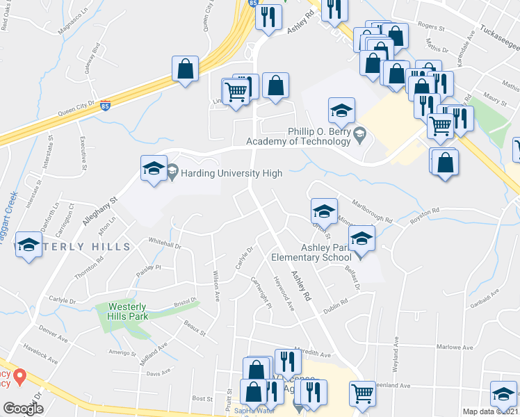 map of restaurants, bars, coffee shops, grocery stores, and more near Ashley Rd & Bullard St in Charlotte
