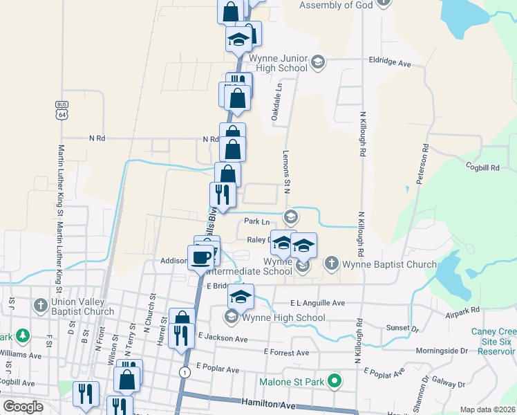 map of restaurants, bars, coffee shops, grocery stores, and more near 819 Meadowbrook Lane South in Wynne