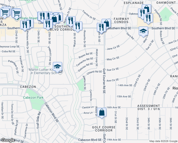 map of restaurants, bars, coffee shops, grocery stores, and more near 2820 Walsh Loop Southeast in Rio Rancho