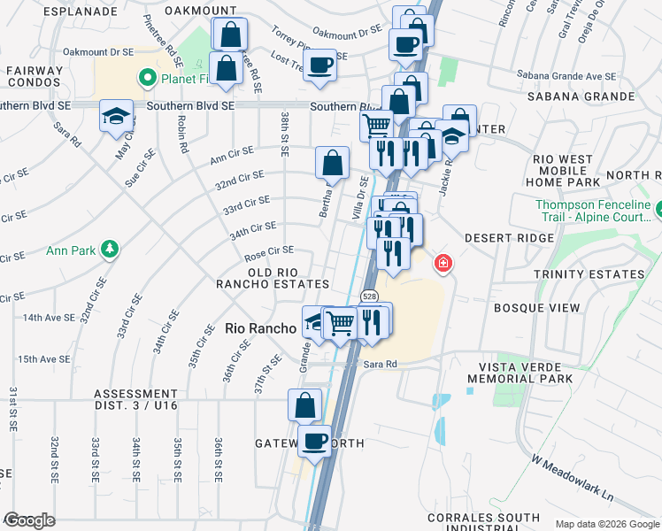 map of restaurants, bars, coffee shops, grocery stores, and more near 1330 Grande Boulevard Southeast in Rio Rancho
