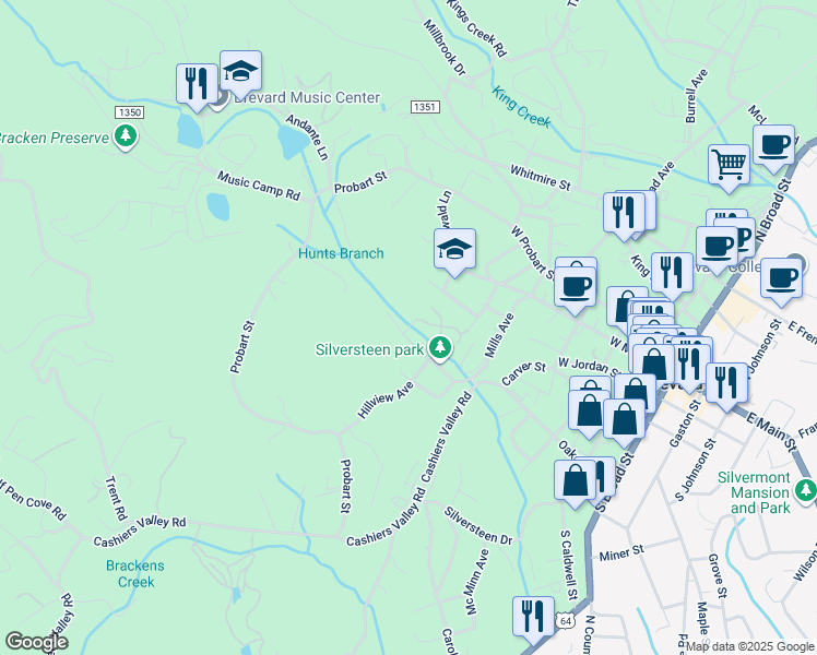 map of restaurants, bars, coffee shops, grocery stores, and more near Rout Drive in Brevard