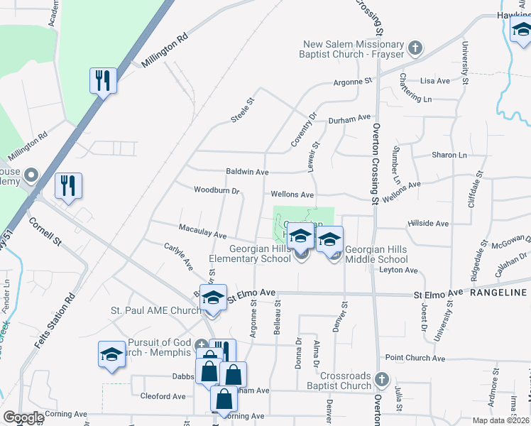 map of restaurants, bars, coffee shops, grocery stores, and more near 4020 Argonne Street in Memphis