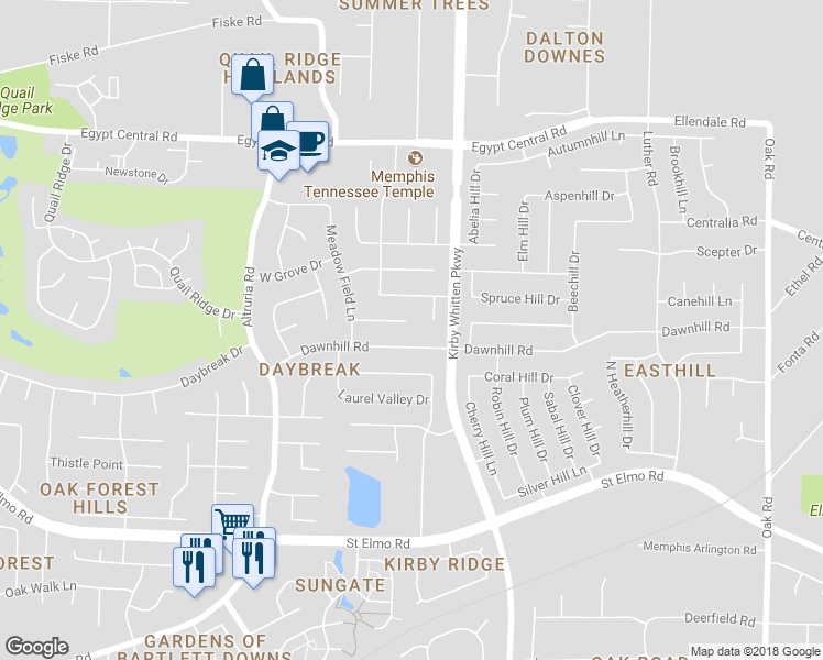 map of restaurants, bars, coffee shops, grocery stores, and more near 6705 Shady Ridge Cove in Memphis