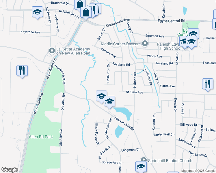 map of restaurants, bars, coffee shops, grocery stores, and more near 3625 Dante Avenue in Memphis
