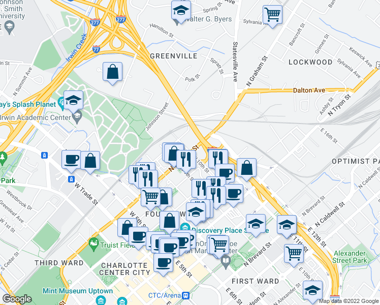map of restaurants, bars, coffee shops, grocery stores, and more near North Graham Street & West 10th Street in Charlotte