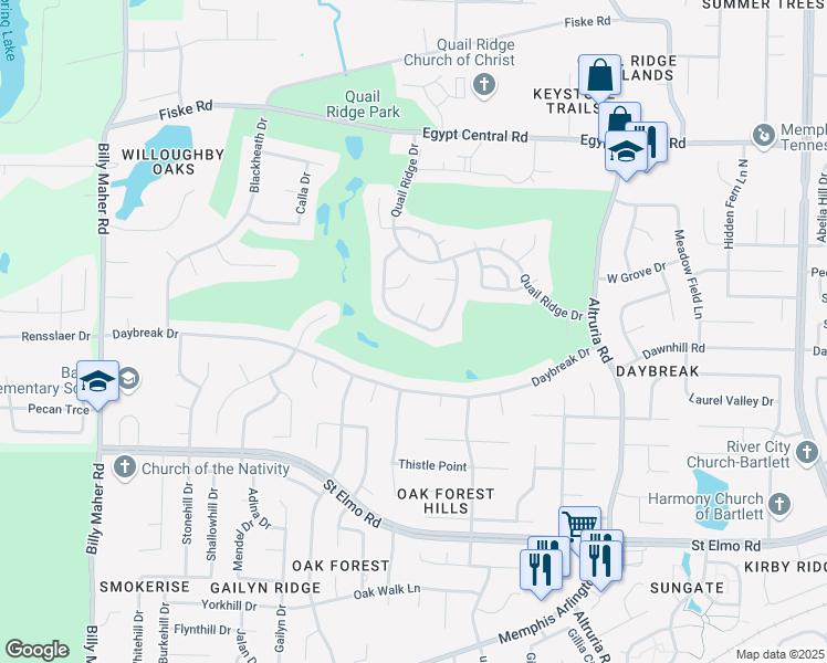 map of restaurants, bars, coffee shops, grocery stores, and more near 3993 Fairway View Circle West in Bartlett
