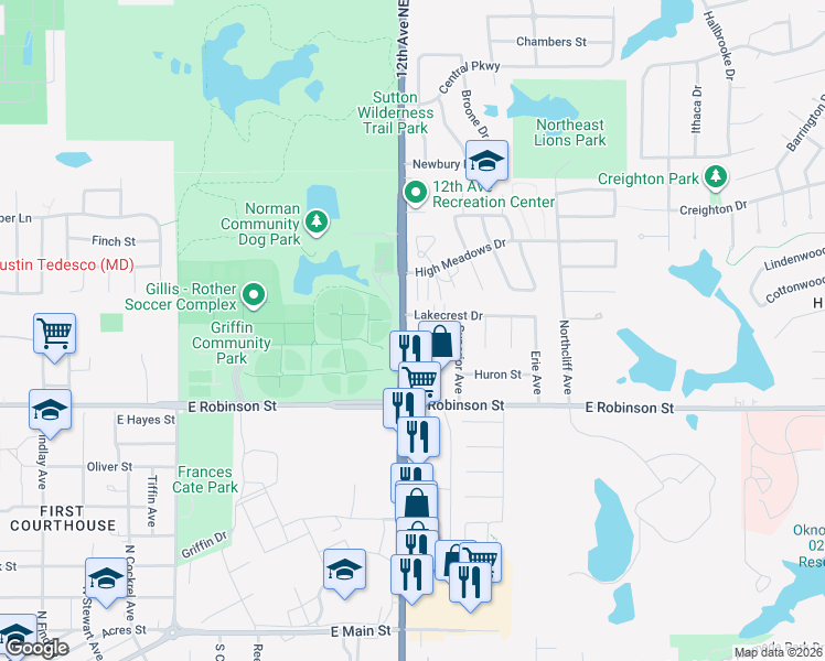 map of restaurants, bars, coffee shops, grocery stores, and more near 1353 12th Avenue Northeast in Norman