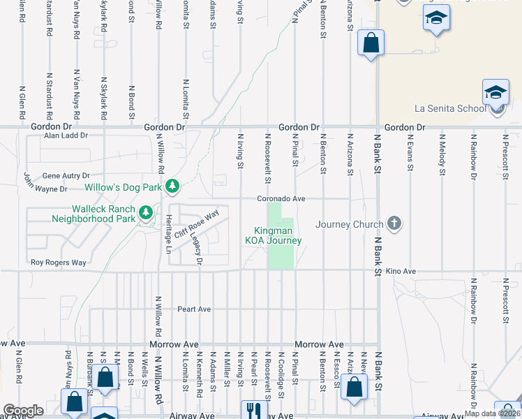 map of restaurants, bars, coffee shops, grocery stores, and more near 3863 North Roosevelt Street in Kingman