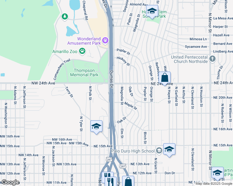 map of restaurants, bars, coffee shops, grocery stores, and more near 2008 Dumas Drive in Amarillo