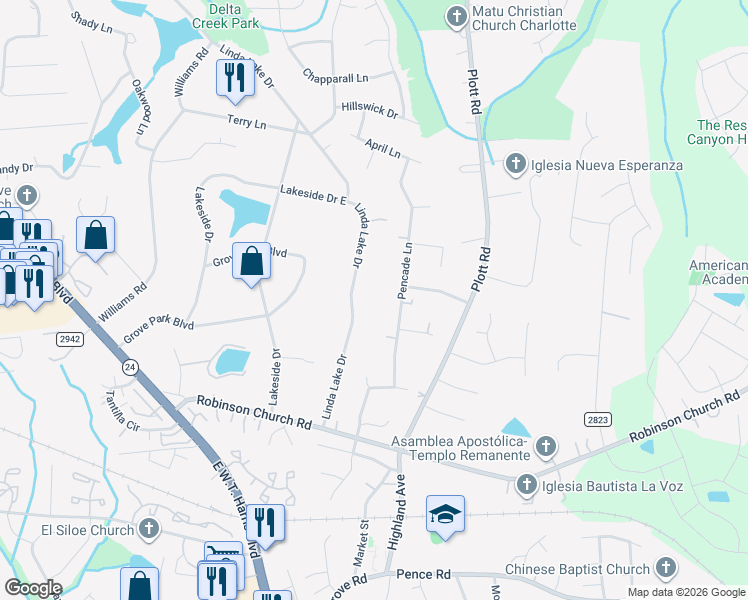 map of restaurants, bars, coffee shops, grocery stores, and more near 6812 Linda Lake Drive in Charlotte