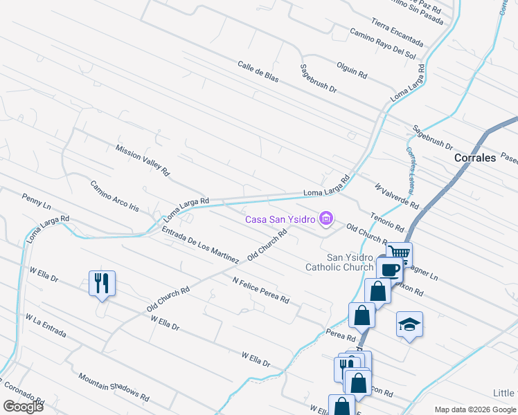 map of restaurants, bars, coffee shops, grocery stores, and more near 1 Old Church Road in Corrales