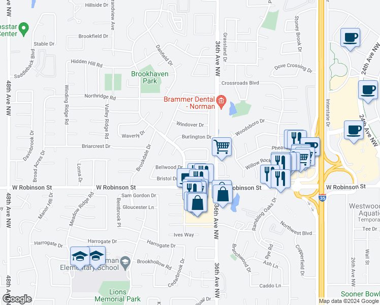 map of restaurants, bars, coffee shops, grocery stores, and more near 3710 Glenbrook Drive in Norman