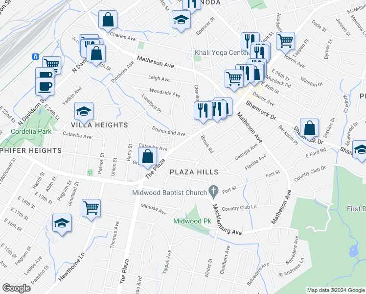 map of restaurants, bars, coffee shops, grocery stores, and more near 2600 Mason Circle in Charlotte