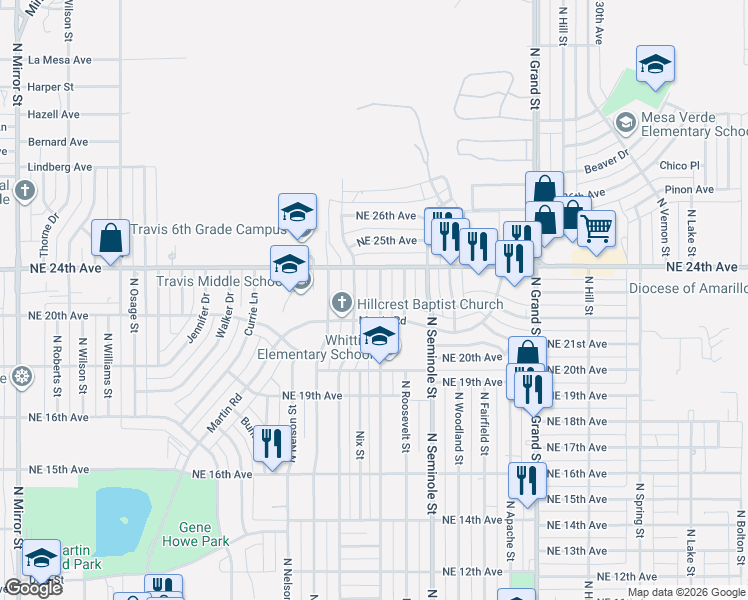 map of restaurants, bars, coffee shops, grocery stores, and more near 2102 North Marrs Street in Amarillo