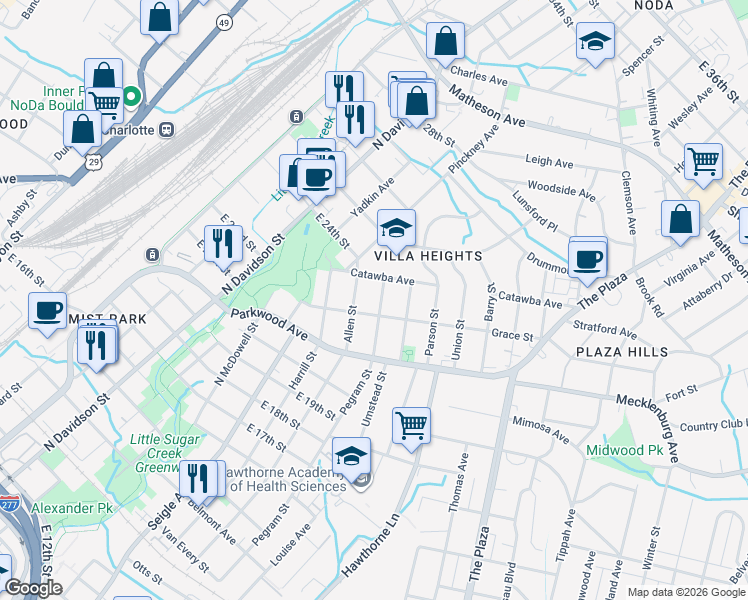 map of restaurants, bars, coffee shops, grocery stores, and more near 1901 Pegram Street in Charlotte
