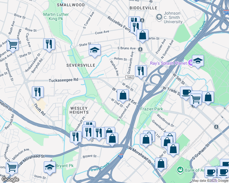 map of restaurants, bars, coffee shops, grocery stores, and more near 415 Walnut Avenue in Charlotte