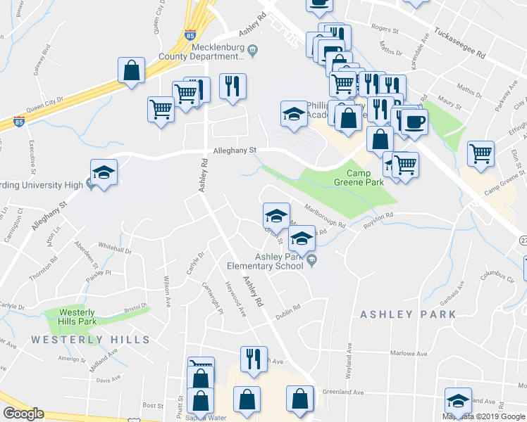 map of restaurants, bars, coffee shops, grocery stores, and more near 3219 Minnesota Road in Charlotte