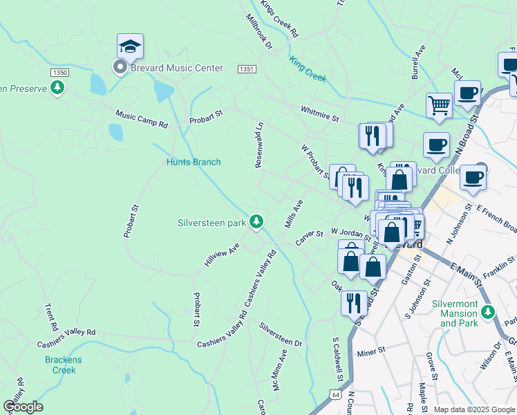 map of restaurants, bars, coffee shops, grocery stores, and more near 96 Locks Drive in Brevard