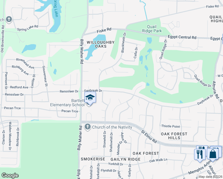 map of restaurants, bars, coffee shops, grocery stores, and more near 6085 Daybreak Drive in Bartlett