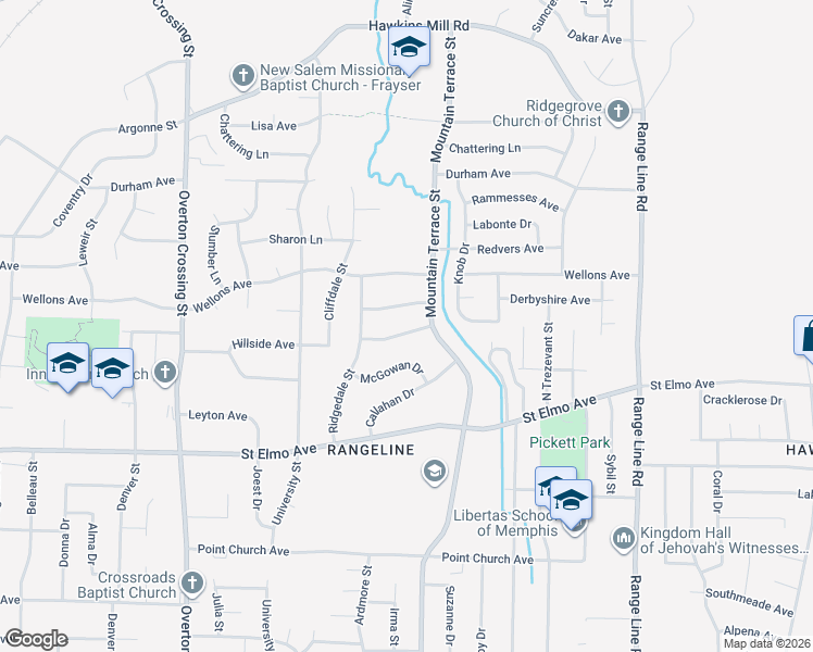 map of restaurants, bars, coffee shops, grocery stores, and more near 2340 Hillside Avenue in Memphis