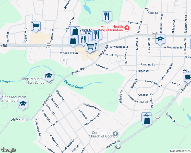 map of restaurants, bars, coffee shops, grocery stores, and more near in Kings Mountain