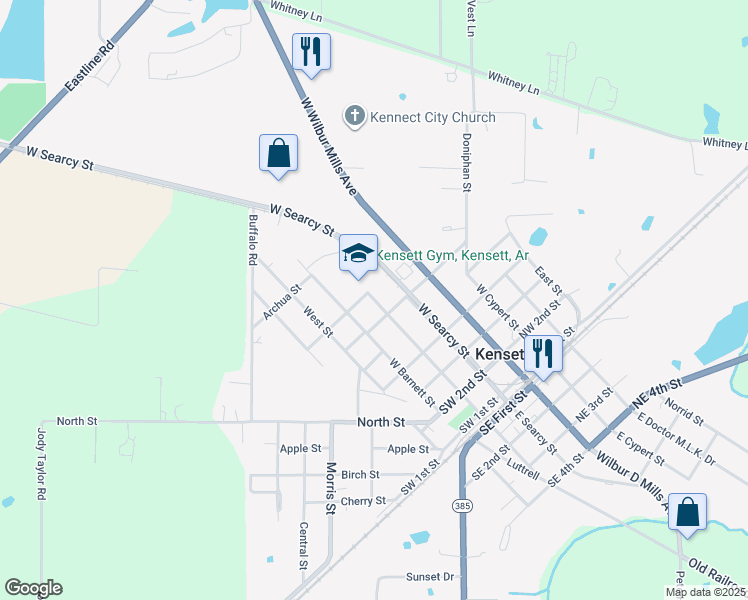 map of restaurants, bars, coffee shops, grocery stores, and more near 701 West Dandridge Street in Kensett