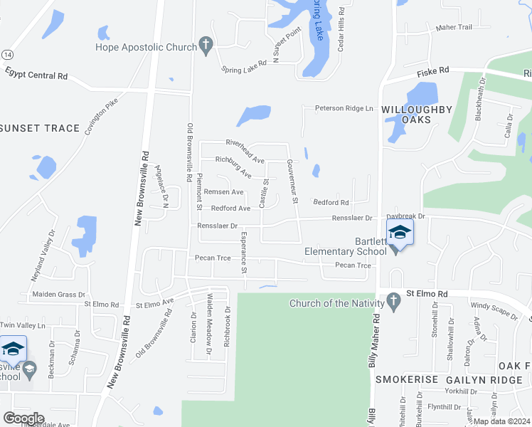 map of restaurants, bars, coffee shops, grocery stores, and more near 5743 Redford Cove in Memphis