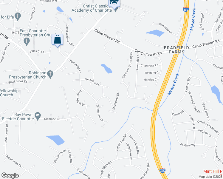 map of restaurants, bars, coffee shops, grocery stores, and more near 9836 Veronica Drive in Charlotte