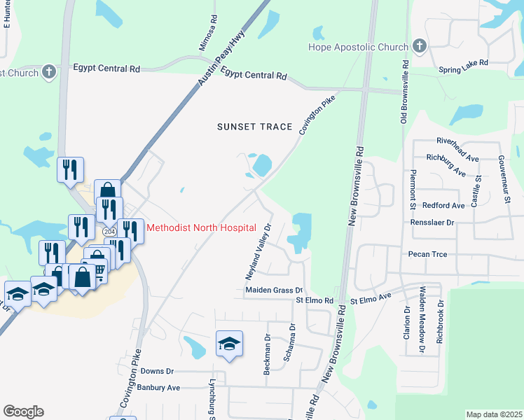 map of restaurants, bars, coffee shops, grocery stores, and more near 5347 Meegan Drive in Memphis