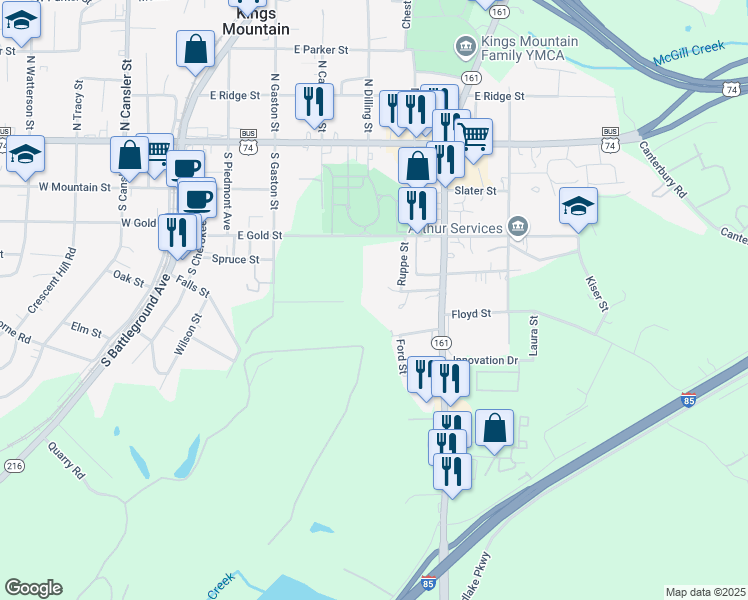 map of restaurants, bars, coffee shops, grocery stores, and more near 327 Cleveland Ridge Drive in Kings Mountain