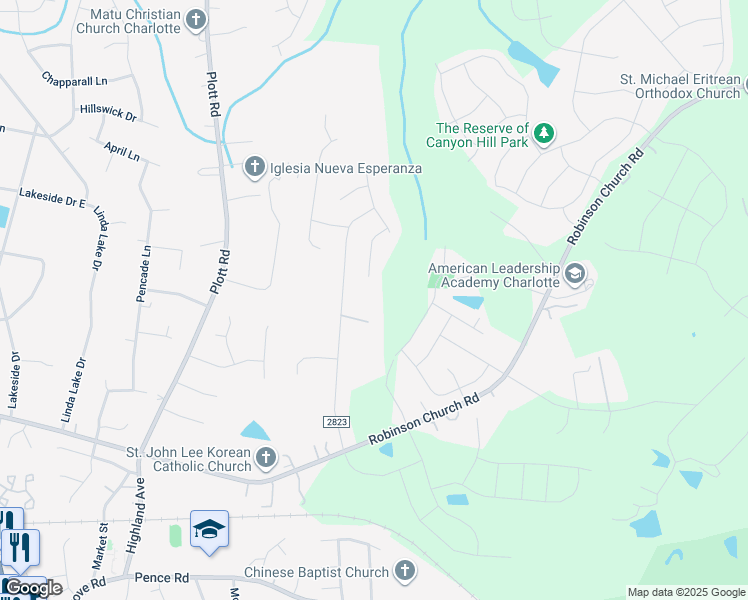 map of restaurants, bars, coffee shops, grocery stores, and more near 6830 Alanbrook Road in Charlotte